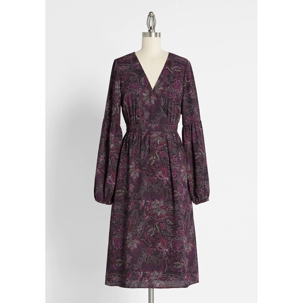 NWT ModCloth Long Sleeve Purple Paisley Dress size 4